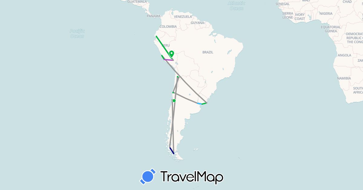 TravelMap itinerary: driving, bus, plane, train, boat in Argentina, Chile, Ecuador, Peru, Uruguay (South America)